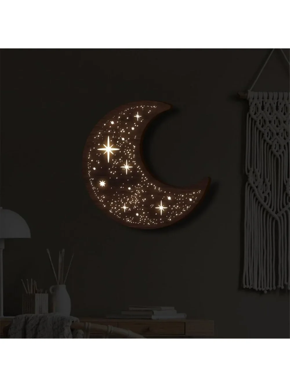 Wooden Moon Phase Wall Art Decor - LED Night Light Sculpture for Home Decor